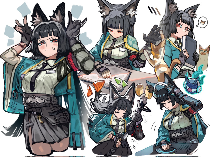 1girl, animal_ear_fluff, animal_ears, arm_out_of_sleeve, black_gloves, black_hair, black_necktie, black_skirt