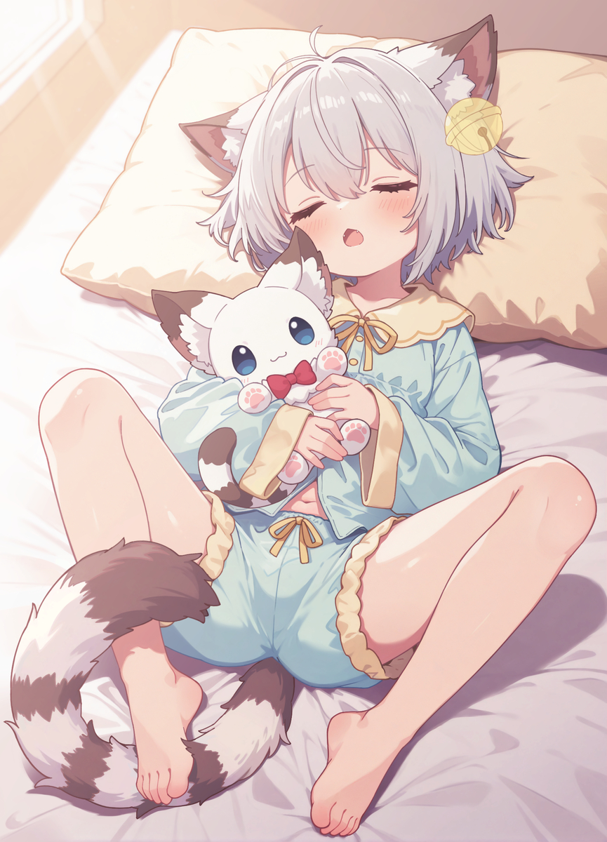 1boy, absurdres, animal_ears, bare_legs, barefoot, bell, blue_shirt, blue_shorts