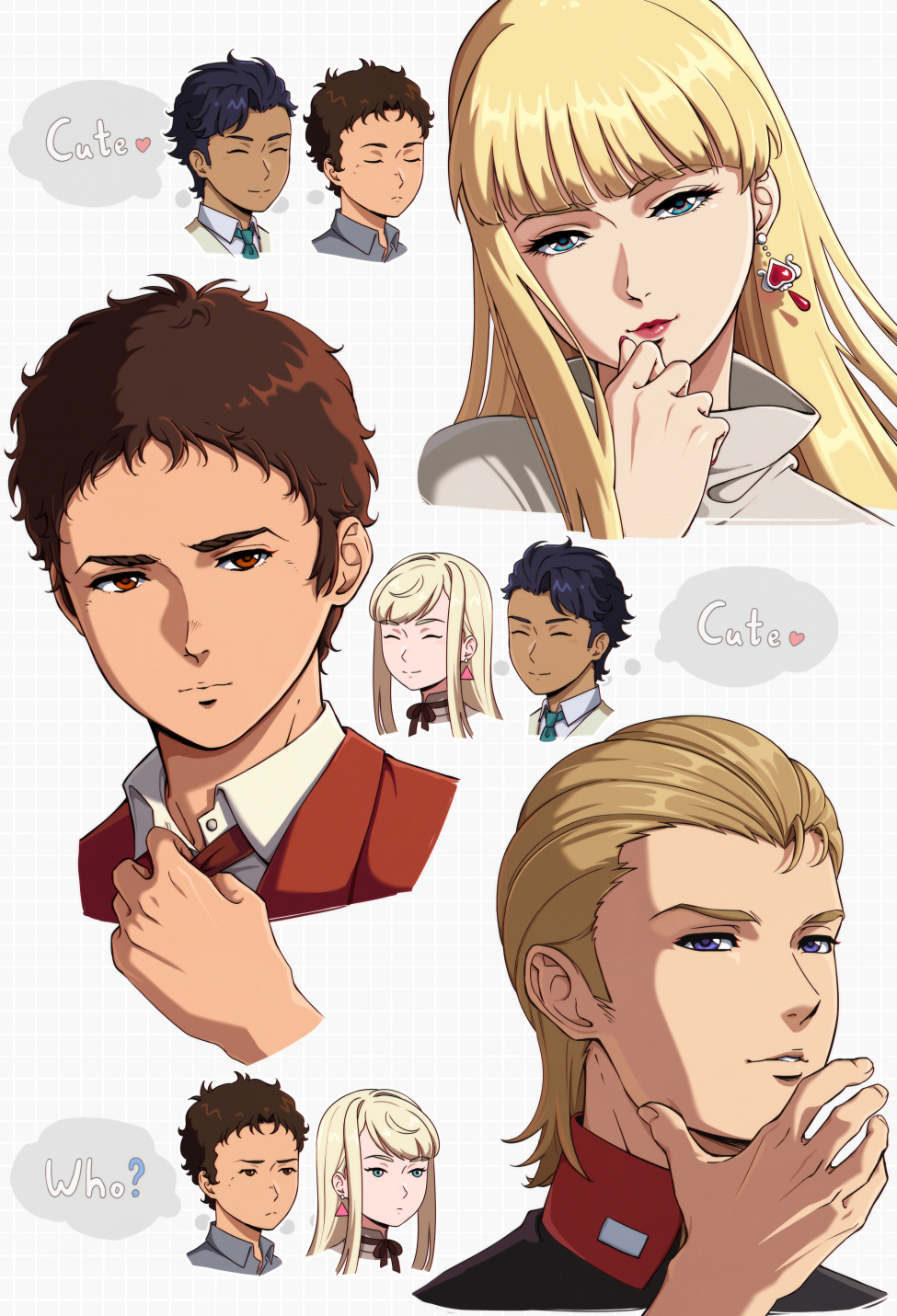 1girl, 2boys, adjusting_clothes, adjusting_necktie, black_hair, blonde_hair, blue_eyes, blush