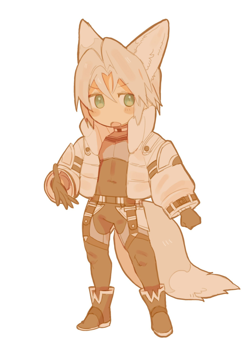 1boy, animal_ears, black_boots, black_gloves, black_wetsuit, blush_stickers, boots, coat