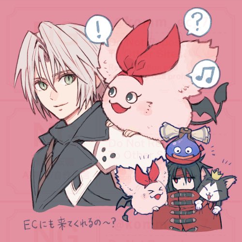 !, >_<, 2boys, :d, ?, armor, black_fur, black_hair, black_jacket, cait_sith_(final_fantasy), cape, chest_strap, cloak, creature, crown, dragon_quest_tact, final_fantasy, final_fantasy_vii, final_fantasy_vii_ever_crisis, green_eyes, grey_hair, hair_between_eyes, hair_ribbon, headband, jacket, komm_ec_7, light_smile, long_hair, lowres, male_focus, mini_crown, monan, multiple_boys, musical_note, open_mouth, parted_bangs, pauldrons, pink_background, pink_fur, red_cape, red_cloak, red_eyes, red_headband, red_ribbon, ribbon, sephiroth, sephiroth_(ever_crisis), short_hair, shoulder_armor, slime_(creature), slit_pupils, smile, spoken_exclamation_mark, spoken_musical_note, spoken_question_mark, tuxedo_cat, two-tone_fur, upper_body, vincent_valentine, white_fur, xd