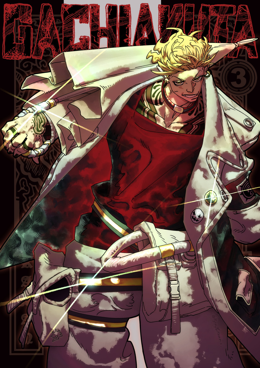 1boy, absurdres, badge, bag, blonde_hair, button_badge, coat, copyright_name