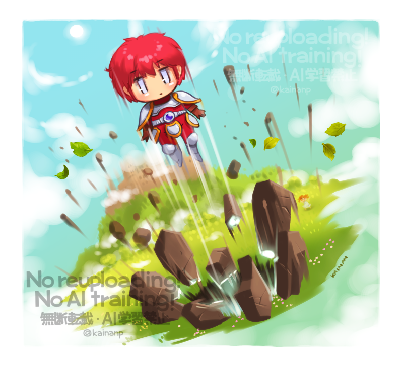 1boy, adol_christin, ancient_ys_vanished, armor, blue_sky, border, chibi, chibi_only