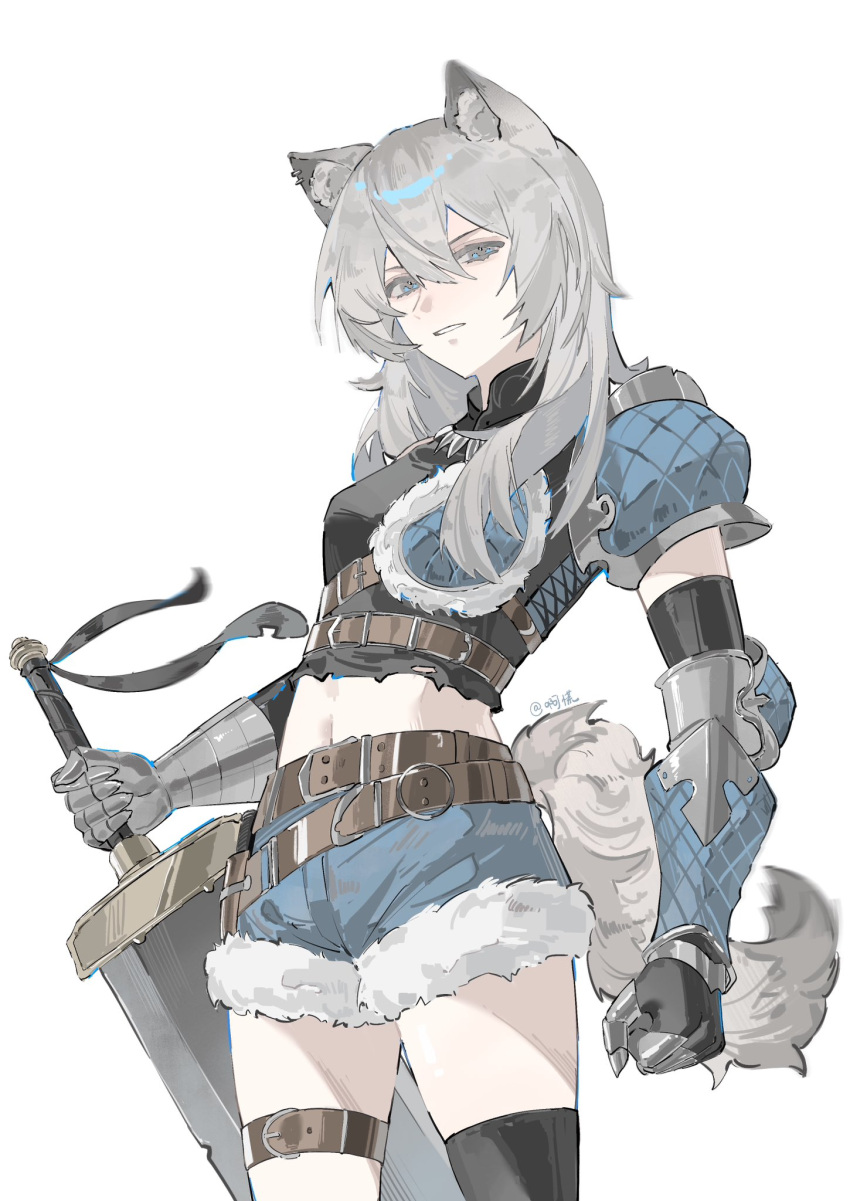 1girl, animal_ears, armor, belt, black_shirt, black_thighhighs, blue_shorts, chest_strap