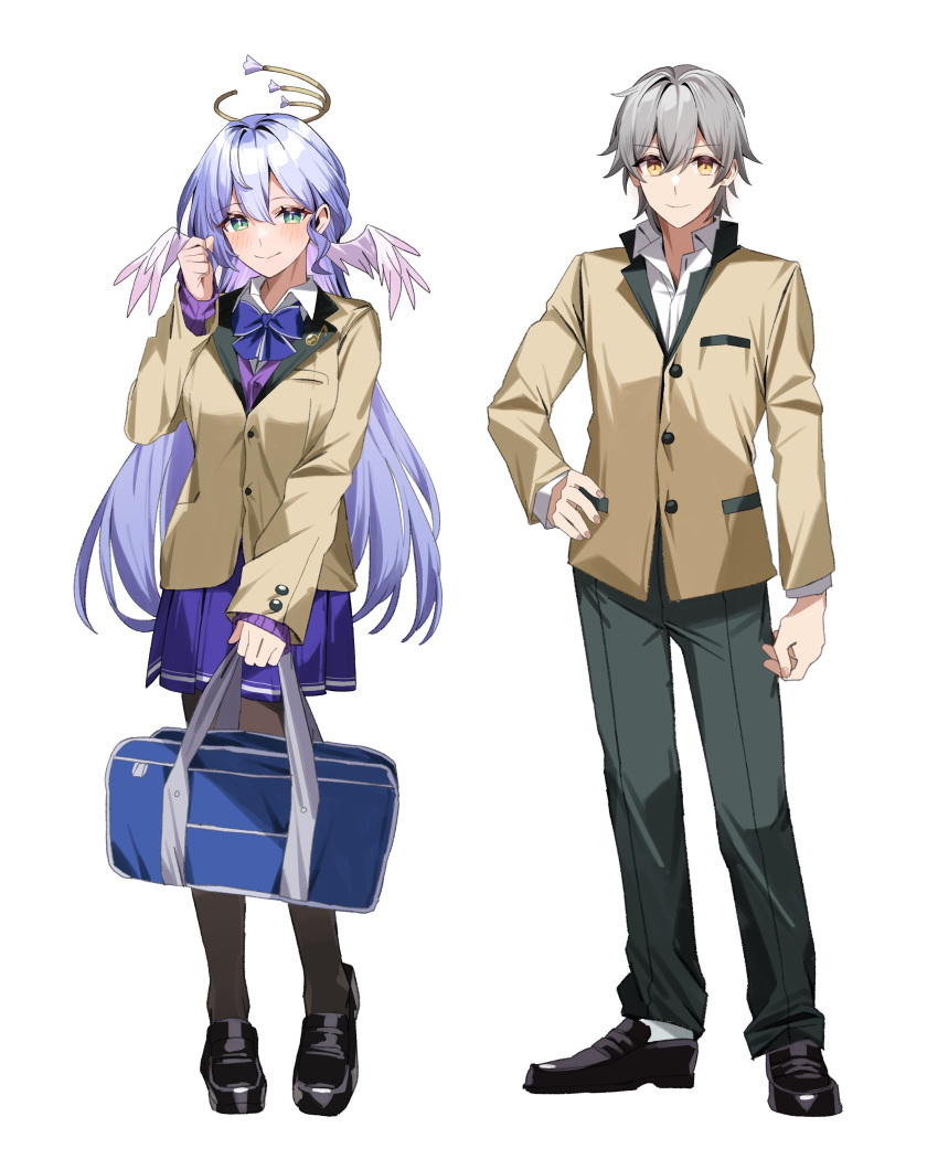 1boy, 1girl, absurdres, alternate_costume, bag, black_shoes, blue_bag, brown_pantyhose