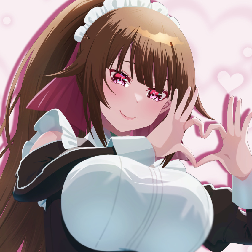 absurdres, akino_miyu, amagi_(oreaku), breasts, brown_hair, heart, heart_hands, highres, large_breasts, light_blush, long_hair, maid, maid_headdress, ore_wa_seikan_kokka_no_akutoku_ryoushu!, ponytail, red_eyes, smile