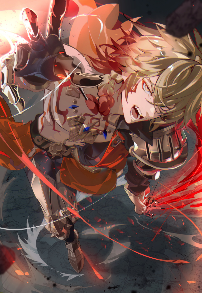 1boy, absurdres, armlet, blonde_hair, braid, chest_tattoo, clawed_gauntlets, daymera, facial_tattoo, from_above, gradient_hair, hair_between_eyes, highres, honkai:_star_rail, honkai_(series), jewelry, male_focus, medium_hair, multicolored_hair, mydei_(honkai:_star_rail), necklace, red_hair, red_tattoo, side_braid, solo, sun_symbol, sun_tattoo, tagme, tattoo, yellow_eyes