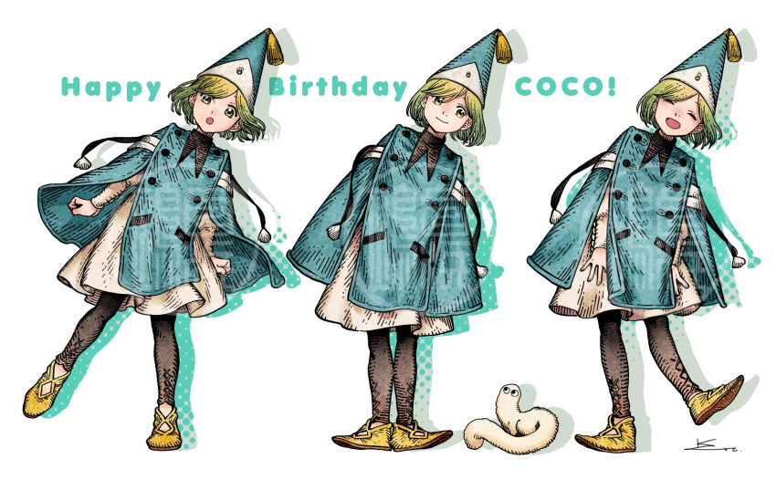 1girl, :o, black_leggings, brown_shoes, brushbuddy, closed_eyes, coco_(tongari_boushi_no_atelier), green_hair