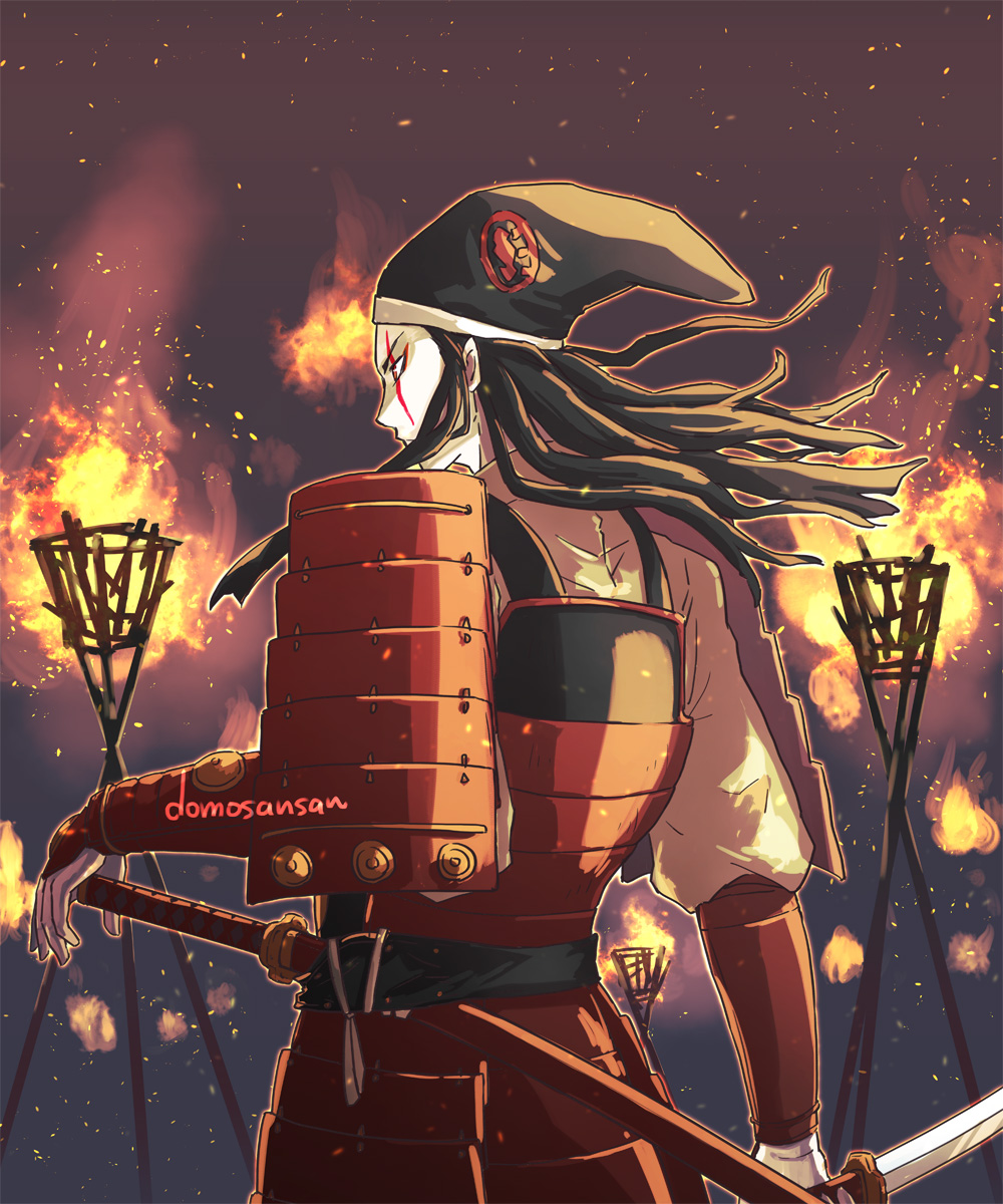 1boy, armor, black_hair, demon_(megami_tensei), facepaint, fire, from_behind, hat