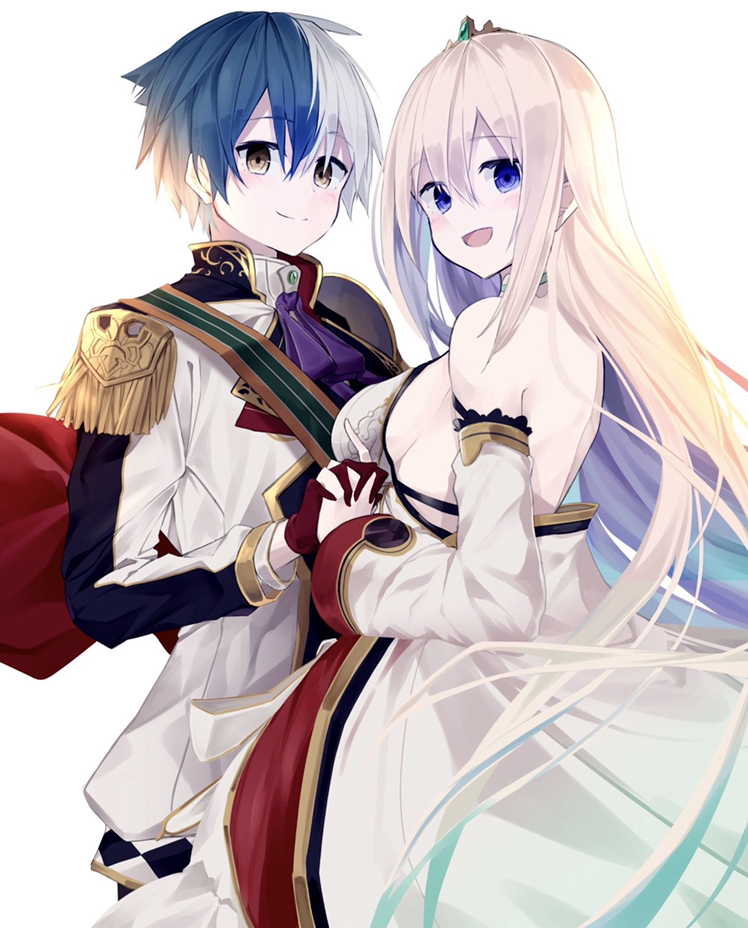 1boy, 1girl, aqua_hair, ascot, backless_outfit, bare_shoulders, blue_eyes, breasts