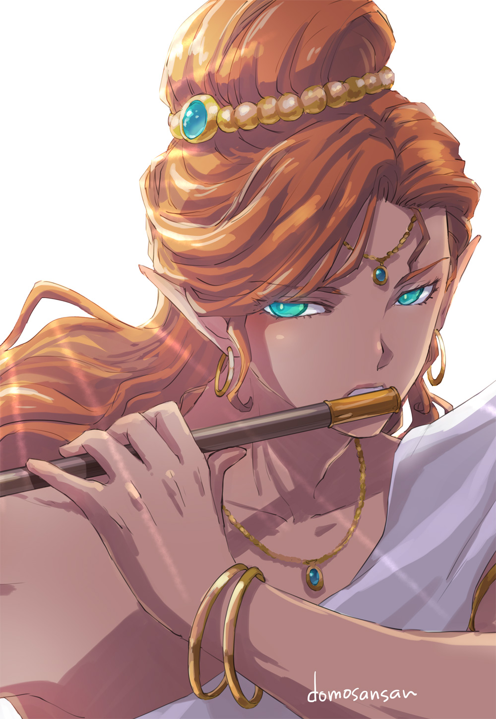 1boy, aqua_eyes, aqua_gemstone, bracelet, demon_(megami_tensei), earrings, flute, gem