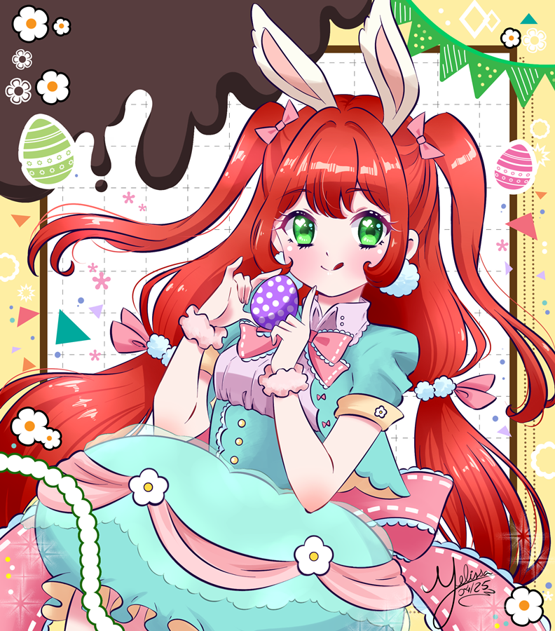 1girl, animal_ears, chocolate, dress, easter, easter_egg, egg, flower, green_dress, green_eyes, mel-chan, original, pink_ribbon, rabbit, rabbit_ears, red_hair, red_theme, ribbon, tongue, tongue_out, twintails, two_side_up