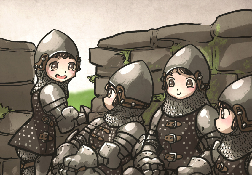 4girls, armor, aventail, bascinet, battlement, blush, brown_eyes, brown_hair