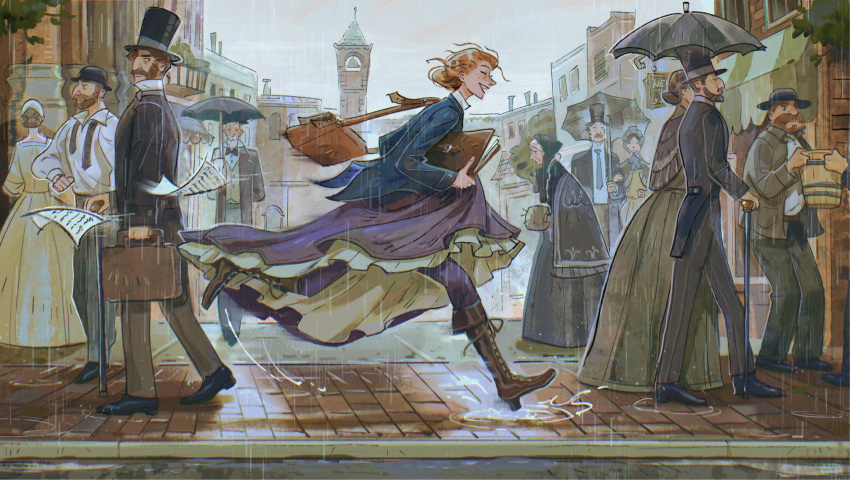 5girls, 6+boys, bag, blue_coat, boots, briefcase, brown_boots, city