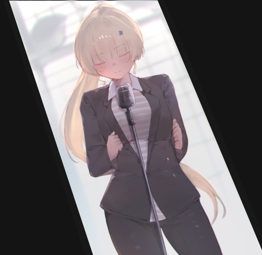1girl, alternate_hairstyle, black_jacket, black_pants, blonde_hair, breasts, closed_eyes, closed_mouth