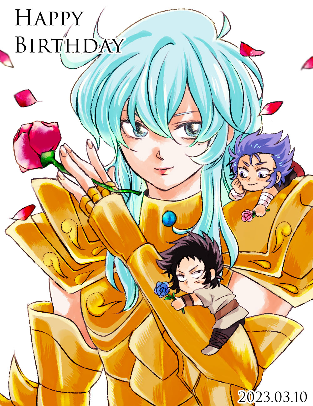 2023, 3boys, androgynous, armor, between_fingers, black_hair, blue_eyes, blue_flower