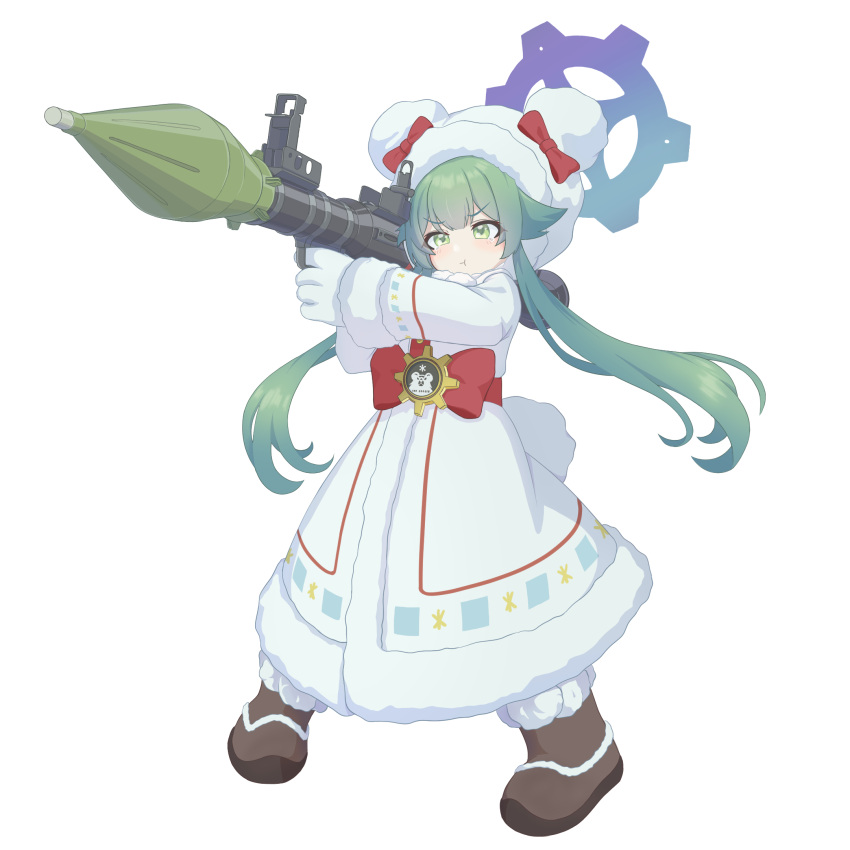 1girl, :t, aiming, animal_hood, bear_hood, bear_tail, blue_archive, blue_halo, boots, bow, brown_boots, closed_mouth, coat, coat_dress, dress, fake_tail, full_body, fur-trimmed_boots, fur-trimmed_coat, fur-trimmed_hood, fur_trim, gear_halo, gloves, green_eyes, green_hair, hair_flaps, halo, highres, holding, holding_rocket_launcher, holding_weapon, hood, little_sparks, long_hair, long_sleeves, momiji_(blue_archive), pom_pom_footwear, pout, red_bow, red_winter_federal_academy_logo, rocket_launcher, rpg-7, rpg_(weapon), simple_background, solo, tail, tearing_up, twintails, v-shaped_eyebrows, weapon, white_background, white_dress, white_gloves