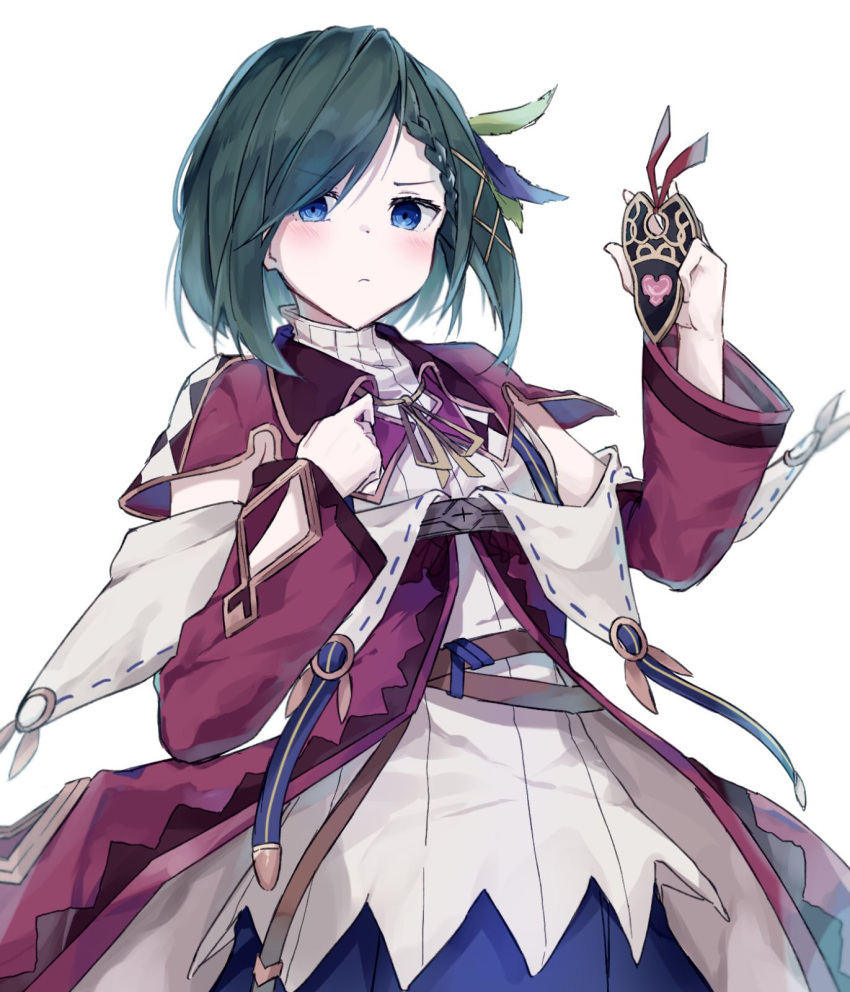 1girl, blue_eyes, blue_skirt, bookmark, capelet, closed_mouth, detached_sleeves, green_hair