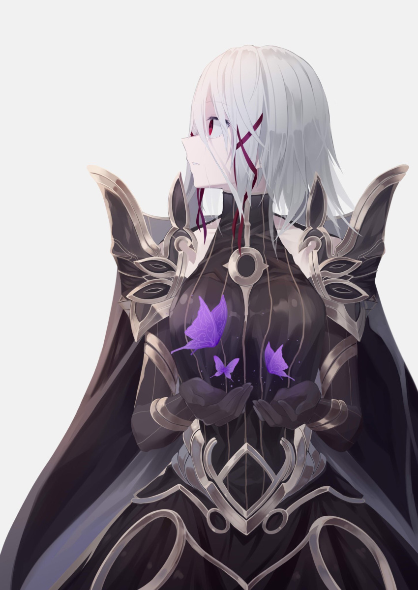 1girl, bare_shoulders, breasts, brown_cape, brown_dress, brown_gloves, bug, butterfly