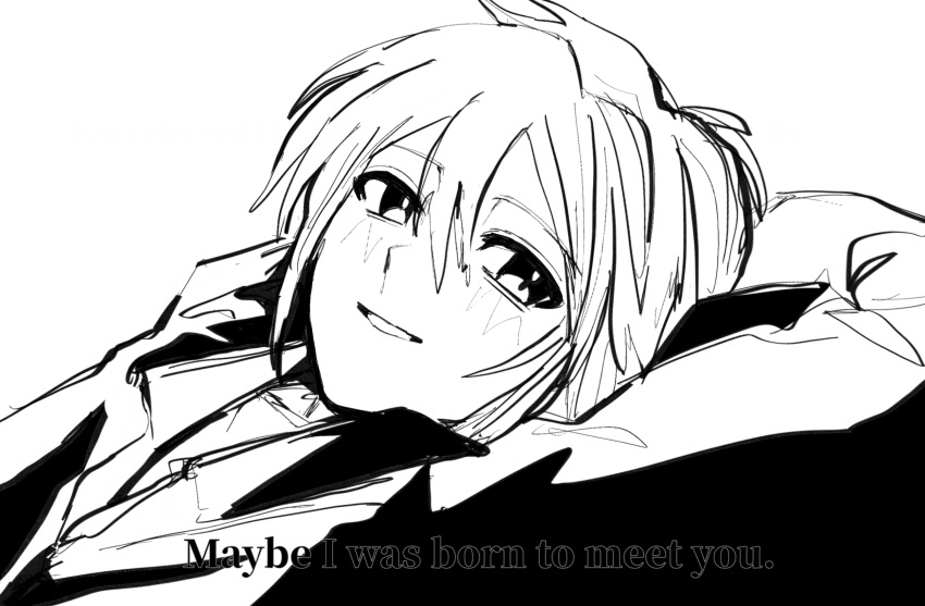 1boy, arms_behind_head, commentary_request, english_text, gakuran, greyscale, highres, jacket