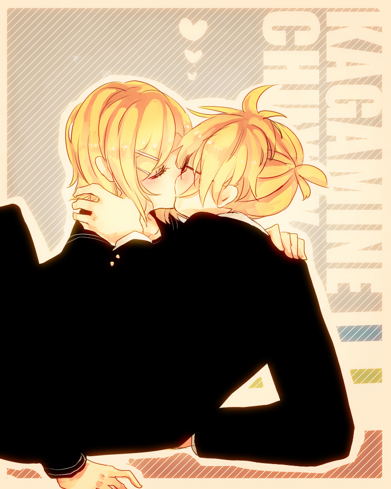 bespectacled, blonde_hair, blush, brother_and_sister, closed_eyes, eyes_closed, glasses, hair_ornament, hairclip, heart, incest, kagamine_len, kagamine_rin, kiss, ponytail, school_uniform, short_hair, siblings, takenoko_no_sato, twincest, twins, vocaloid