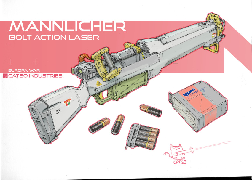 absurdres, battery, cat, energy_gun, english_text, gun, highres, laser_rifle, magazine_(weapon), mannlicher_m1886, mannlicher_m1895, no_humans, original, patso_catso, rifle, voltaction, weapon