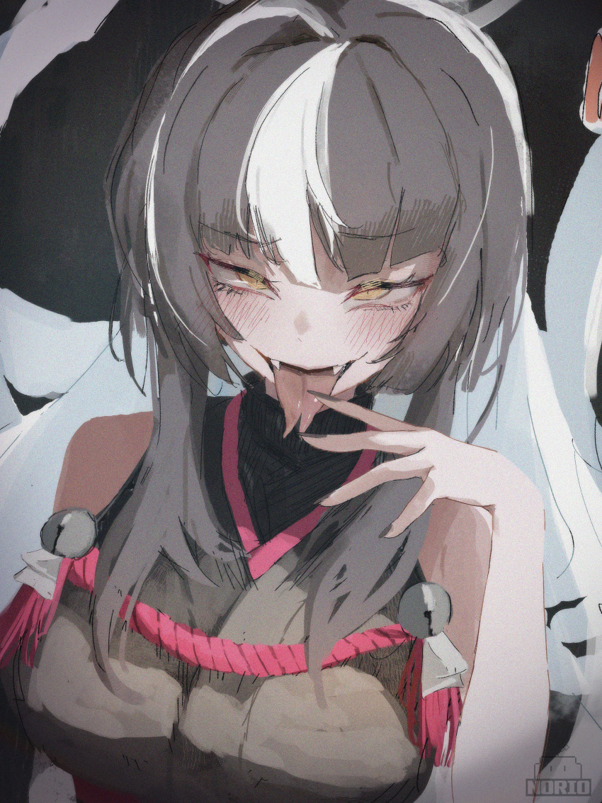 absurdres, azami_(blue_archive), black_hair, black_kimono, black_nails, blue_archive, forked_tongue, highres