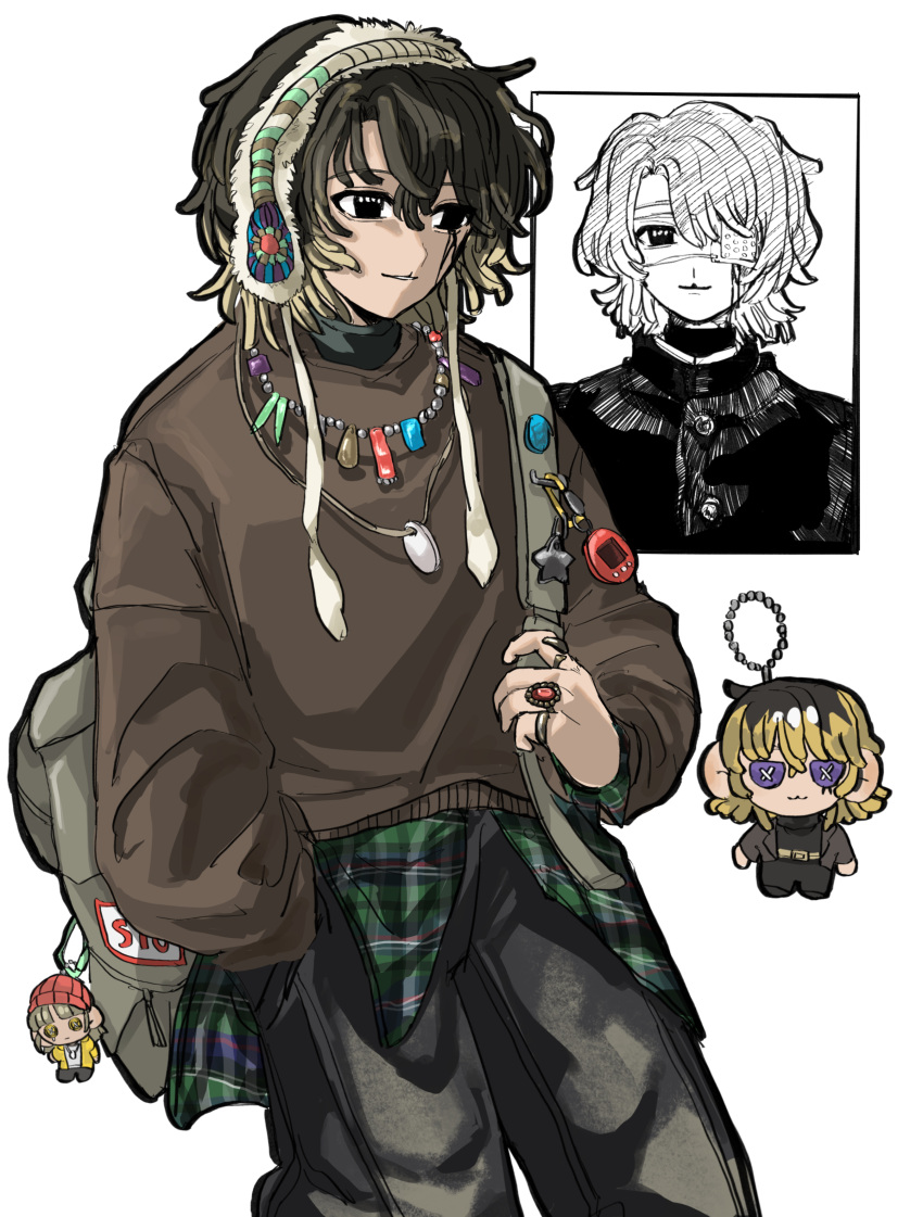 1boy, absurdres, backpack, bag, black_eyes, black_hair, blonde_hair, brown_sweater