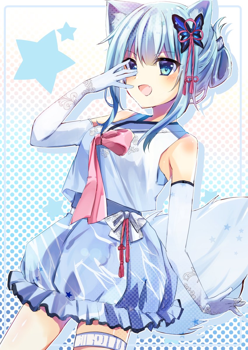 1girl, animal_ears, blue_hair, butterfly_hair_ornament, elbow_gloves, folded_ponytail, fox_ears, fox_girl