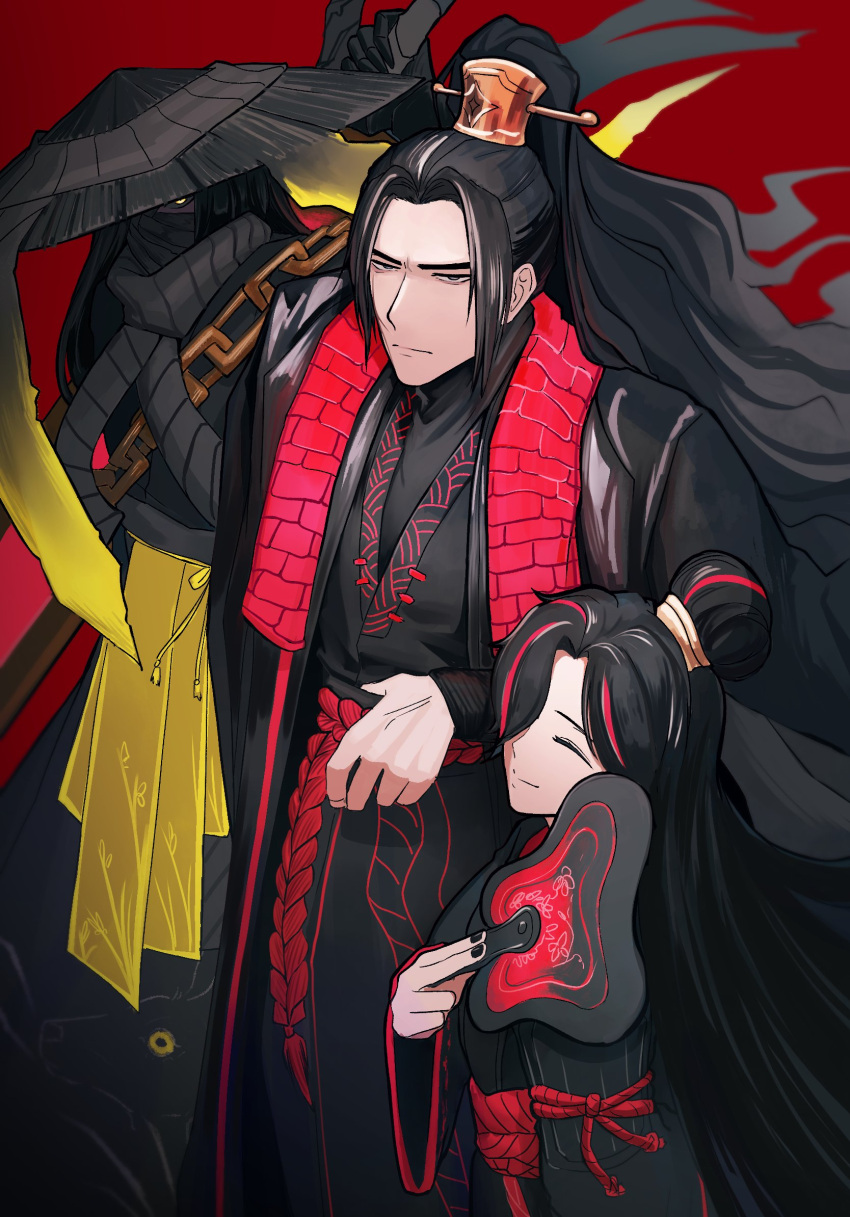 1boy, 2girls, arachnidlegs, black_hair, black_hanfu, chain, chinese_clothes, closed_eyes