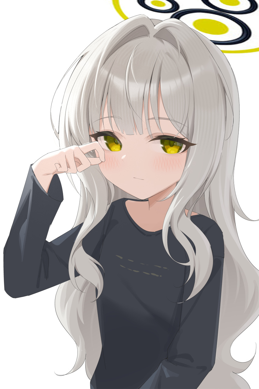 1girl, absurdres, black_pajamas, blue_archive, closed_mouth, finger_to_eye, green_eyes, green_halo