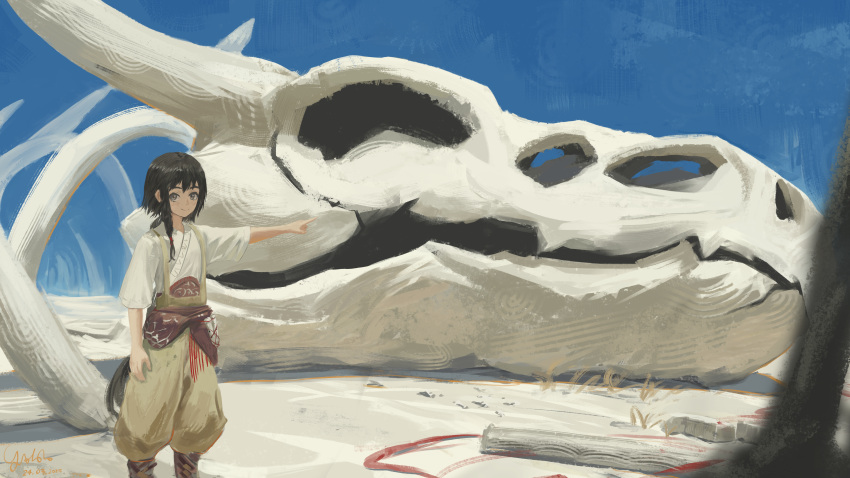 1girl, absurdres, animal_skeleton, animal_skull, black_hair, blurry, blurry_foreground, brown_pants, commentary, day, desert, english_commentary, giant_skull, grey_eyes, highres, log, long_hair, looking_at_viewer, original, outdoors, pants, pointing, puffy_pants, sand, shirt, sky, solo, standing, ujin_holo, white_shirt