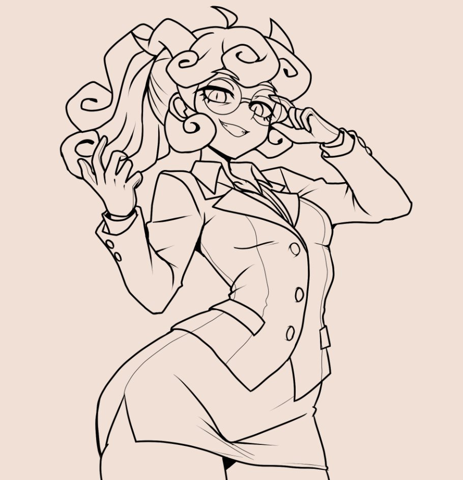 1girl, adjusting_eyewear, breasts, collared_shirt, curly_hair, demon_girl, demon_horns, formal_clothes