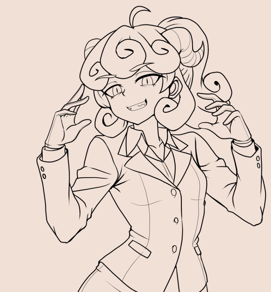 1girl, breasts, collared_shirt, curly_hair, demon_girl, demon_horns, formal_clothes, fujita_yoshinobu_(ksk_oda)