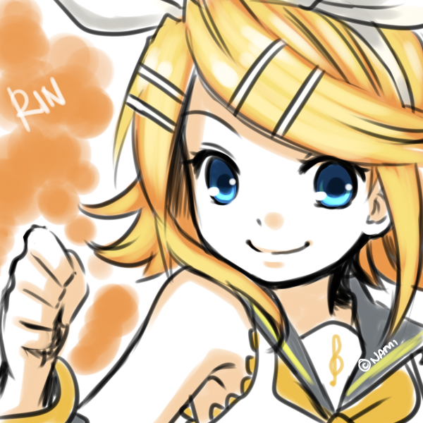 aqua_eyes, blonde_hair, detached_sleeves, hair_ornament, hair_ribbon, hairclip, kagamine_rin, nurun_najwah