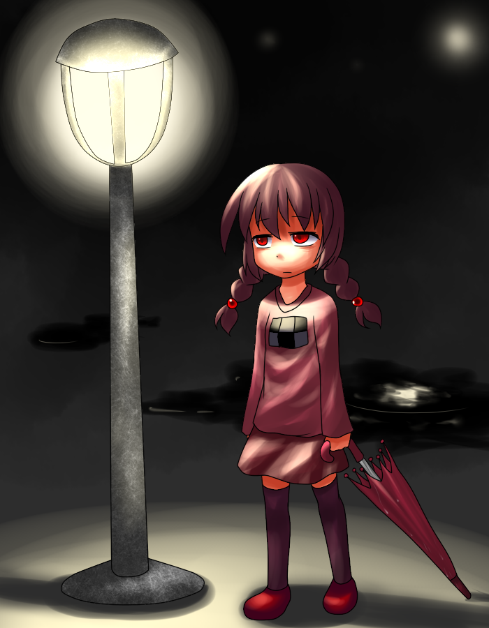 aosora_(mizore), brown_hair, madotsuki, red_eyes, skirt, street_light, tagme, twin_braids, umbrella, yume_nikki