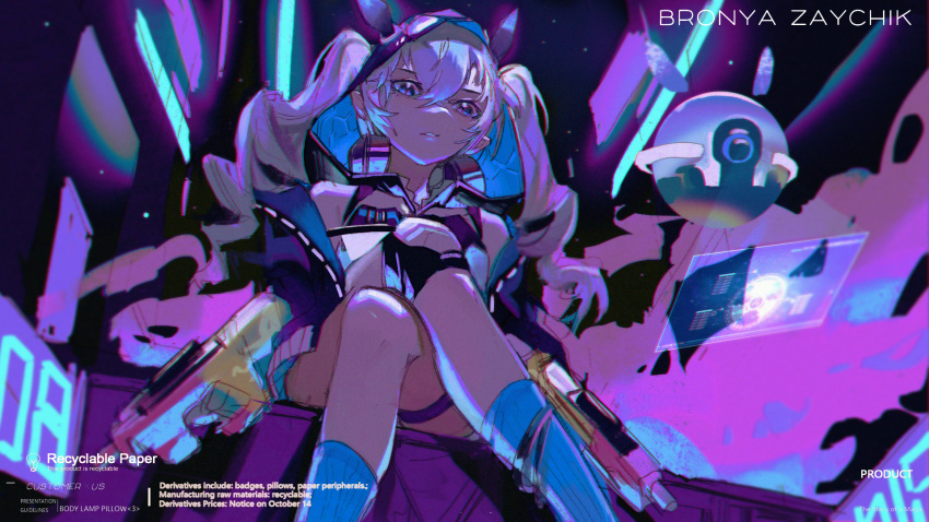 1girl, black_jacket, blue_socks, bronya_zaychik, bronya_zaychik_(haxxor_bunny), bullpup, character_name, cong_xiang_huanxiong, crossed_legs, drill_hair, drone, grey_eyes, grey_hair, gun, highres, holding, holding_gun, holding_weapon, holographic_interface, honkai_(series), honkai_impact_3rd, jacket, knee_pads, long_hair, looking_at_viewer, p90, single_knee_pad, sitting, socks, solo, submachine_gun, twin_drills, weapon