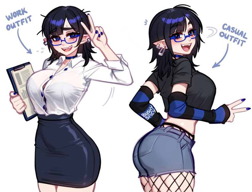 1girl, arrow_(symbol), artist_name, birthmark, black_hair, blue-framed_eyewear, blue_choker, blue_eyes