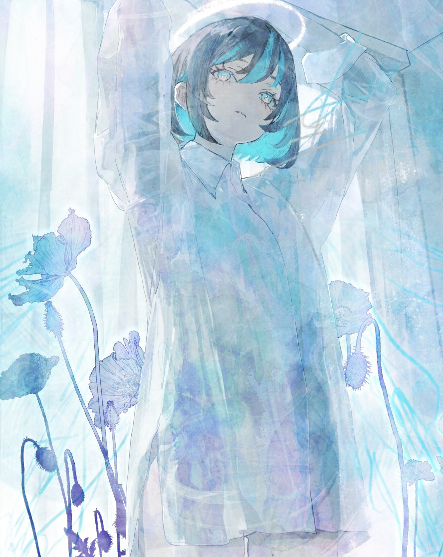 1girl, arms_up, backlighting, black_hair, blue_eyes, blue_flower, blue_hair, closed_mouth