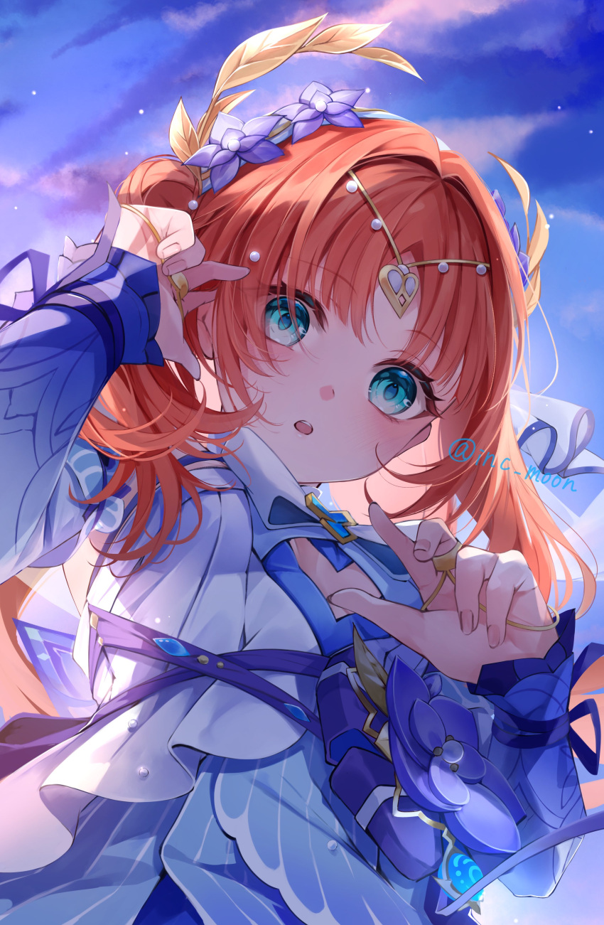 1girl, absurdres, aqua_eyes, artist_name, circlet, commentary_request, dress, flower