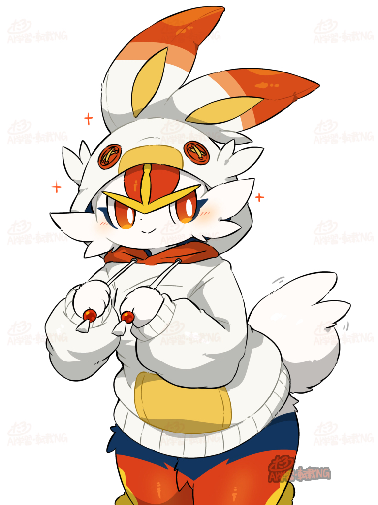 blush, bright_pupils, cinderace, cosplay, cowboy_shot, furry, hood, hoodie, no_humans, pokemon, pull_string, rabbit_tail, red_eyes, scorbunny, scorbunny_(cosplay), smile, solo, sparkle, tail, taro_(tontaro), white_fur, white_pupils, wide_hips