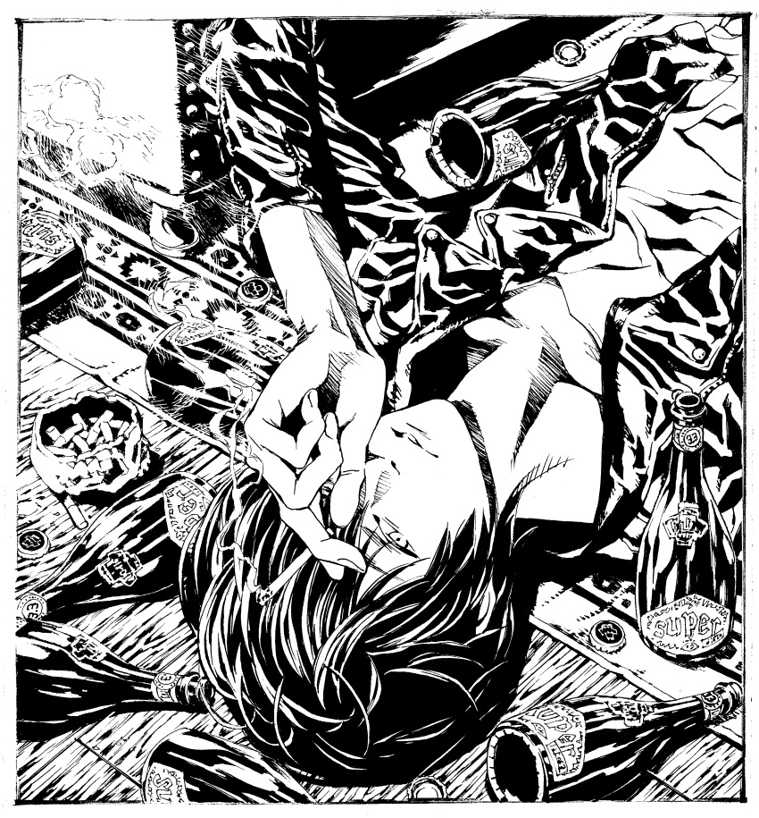 1boy, absurdres, ashtray, bottle, bottle_cap, cigarette, commentary, covering_one_eye