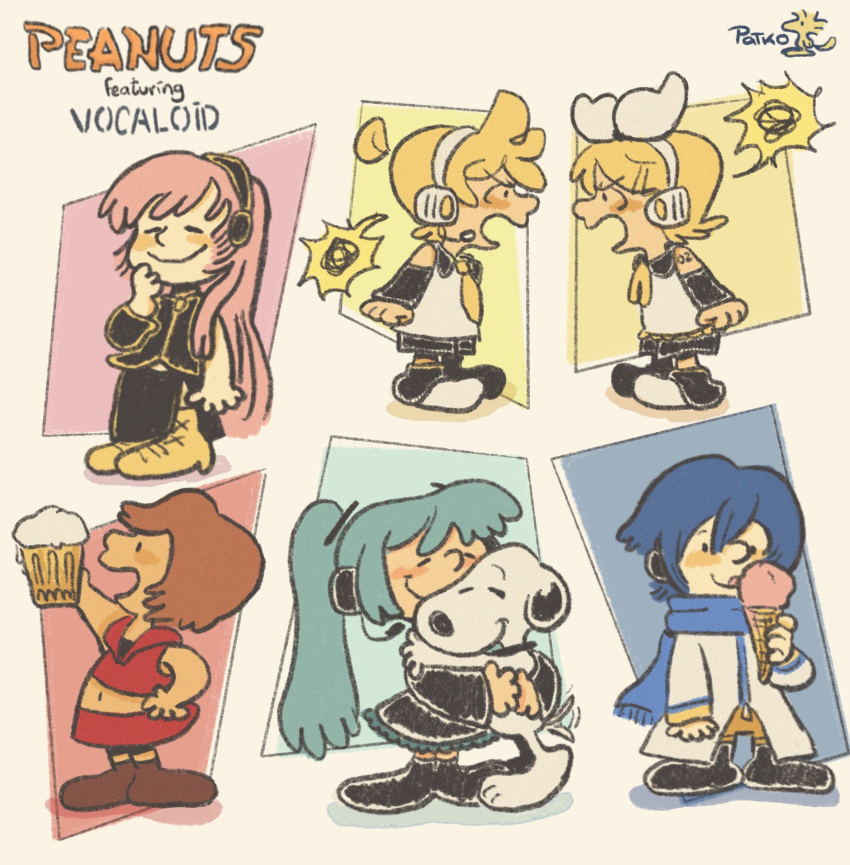 2boys, 4girls, aqua_hair, beer_mug, black_shirt, black_shoes, black_shorts, black_skirt