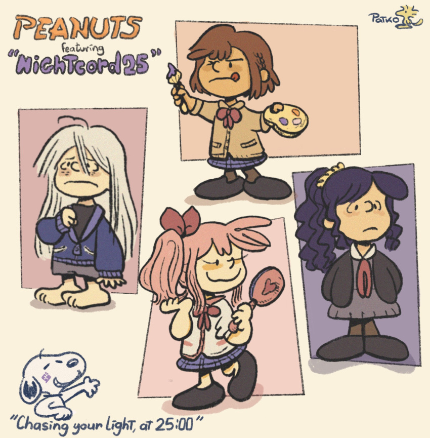 1other, 25-ji_nightcord_de._(project_sekai), 3girls, akiyama_mizuki, asahina_mafuyu, barefoot, black_hair, black_shoes, blue_jacket, blue_skirt, brown_cardigan, brown_hair, cardigan, copyright_name, english_text, grey_hair, grey_skirt, highres, holding, holding_mirror, jacket, long_hair, mirror, multiple_girls, neckerchief, one_eye_closed, paint_palette, paintbrush, parody, patk_o0, peanuts_(comic), pink_hair, plaid_clothes, plaid_skirt, ponytail, project_sekai, red_neckerchief, shadow, shinonome_ena, shirt, shoes, short_hair, skirt, snoopy, style_parody, tongue, tongue_out, white_shirt, woodstock, yoisaki_kanade