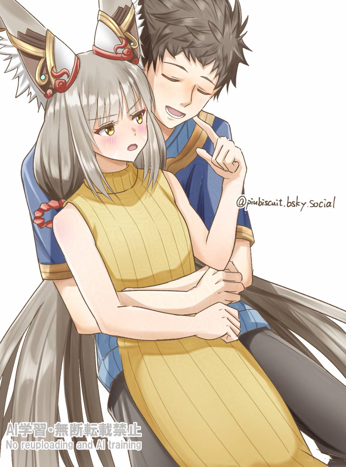 1boy, 1girl, artist_name, blush, brown_hair, commentary_request, couple, cuddling, dress, grey_hair, highres, hug, husband_and_wife, long_hair, nia_(xenoblade), piubiscuit, rex_(xenoblade), signature, spiky_hair, twitter_username, xenoblade_chronicles_(series), xenoblade_chronicles_3, yellow_dress