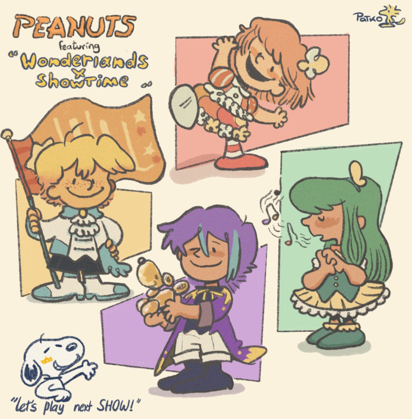 2boys, 2girls, aqua_hair, beamed_eighth_notes, blonde_hair, coat, copyright_name, eighth_note, english_text, flag, freckles, green_hair, highres, holding, holding_flag, kamishiro_rui, kusanagi_nene, long_sleeves, multicolored_hair, multiple_boys, multiple_girls, music, musical_note, ootori_emu, parody, patk_o0, peanuts_(comic), pink_hair, project_sekai, purple_coat, purple_hair, shorts, singing, snoopy, streaked_hair, style_parody, tenma_tsukasa, white_shorts, wonderlands_x_showtime_(project_sekai), woodstock
