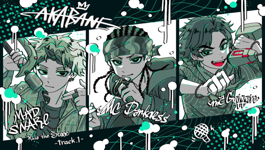 3boys, :d, aqua_theme, bandana, bandana_around_neck, ben-day_dots, chain, chain_bracelet, chain_necklace, character_name, collared_shirt, column_lineup, commentary_request, cornrows, curtained_hair, douan_kazusato, earrings, empty_eyes, expressionless, fangs, finger_gun, floating_hair, grid, hand_up, highres, holding, holding_microphone, holding_power_drill, hood, hood_down, hoodie, hoop_earrings, hypnosis_mic, hypnosis_mic:_rule_the_stage, hypnosis_microphone, jacket, jacket_over_hoodie, jewelry, jitome, kokuri_ryouzan, layered_shirt, light_frown, limited_palette, looking_to_the_side, male_focus, medium_hair, messy_hair, microphone, multiple_boys, multiple_necklaces, multiple_rings, narrowed_eyes, neck_tattoo, necklace, north_bastard, open_mouth, ori_nokawa, paint_splatter, parted_bangs, patterned_clothing, pinky_ring, power_drill, print_hoodie, print_jacket, ring, saragi_kenei, screentones, shirt, short_hair, sideburns, sleeves_pushed_up, sleeves_rolled_up, smile, snake_tattoo, stud_earrings, tattoo, thick_eyebrows, thumb_ring, tsurime, upper_body, v-shaped_eyebrows, wavy_hair