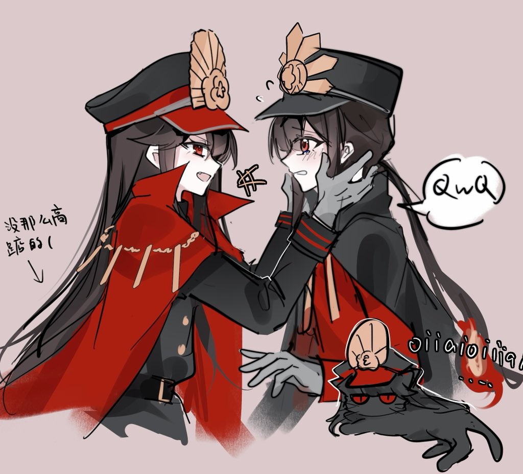 1boy, 1girl, animalization, black_cape, black_cat, black_hair, black_hat, black_jacket