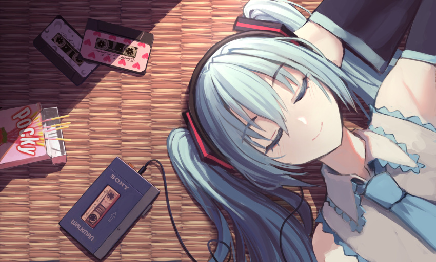1girl, absurdres, arm_up, audio_cable, bare_shoulders, black_sleeves, blue_hair, blue_necktie