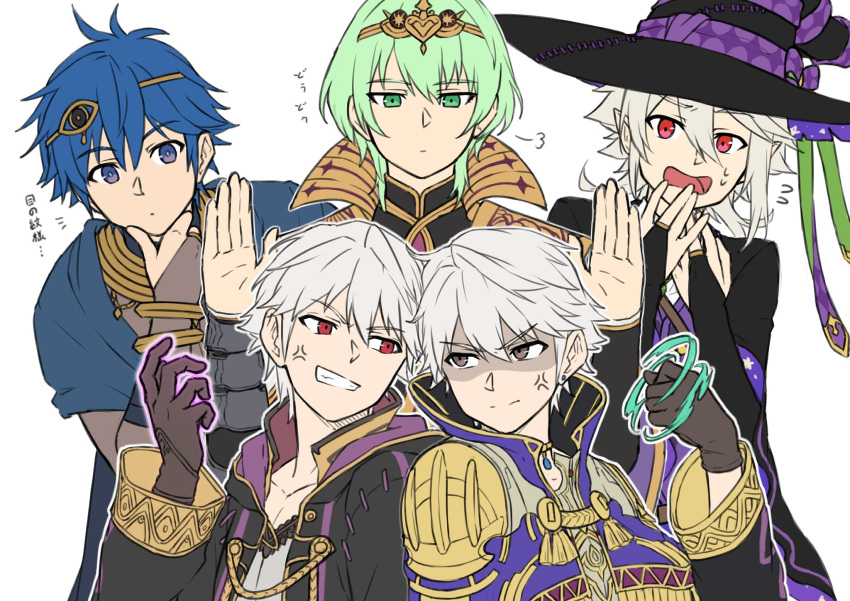 5boys, anger_vein, black_coat, black_gloves, black_hat, blue_eyes, blue_hair, bridal_gauntlets